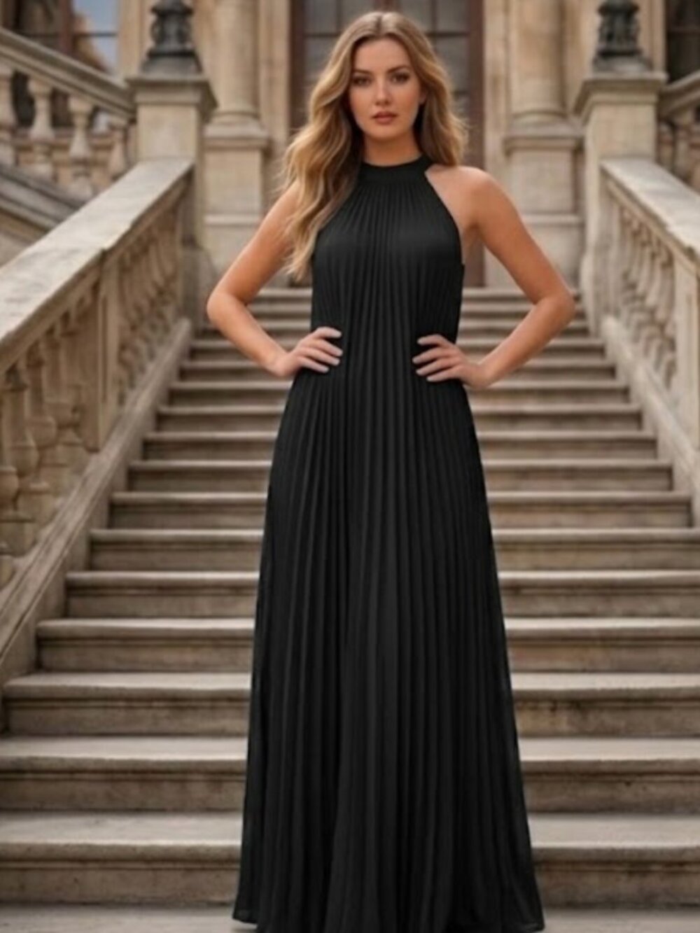 Black Accordion Pleated Halter Maxi Dress